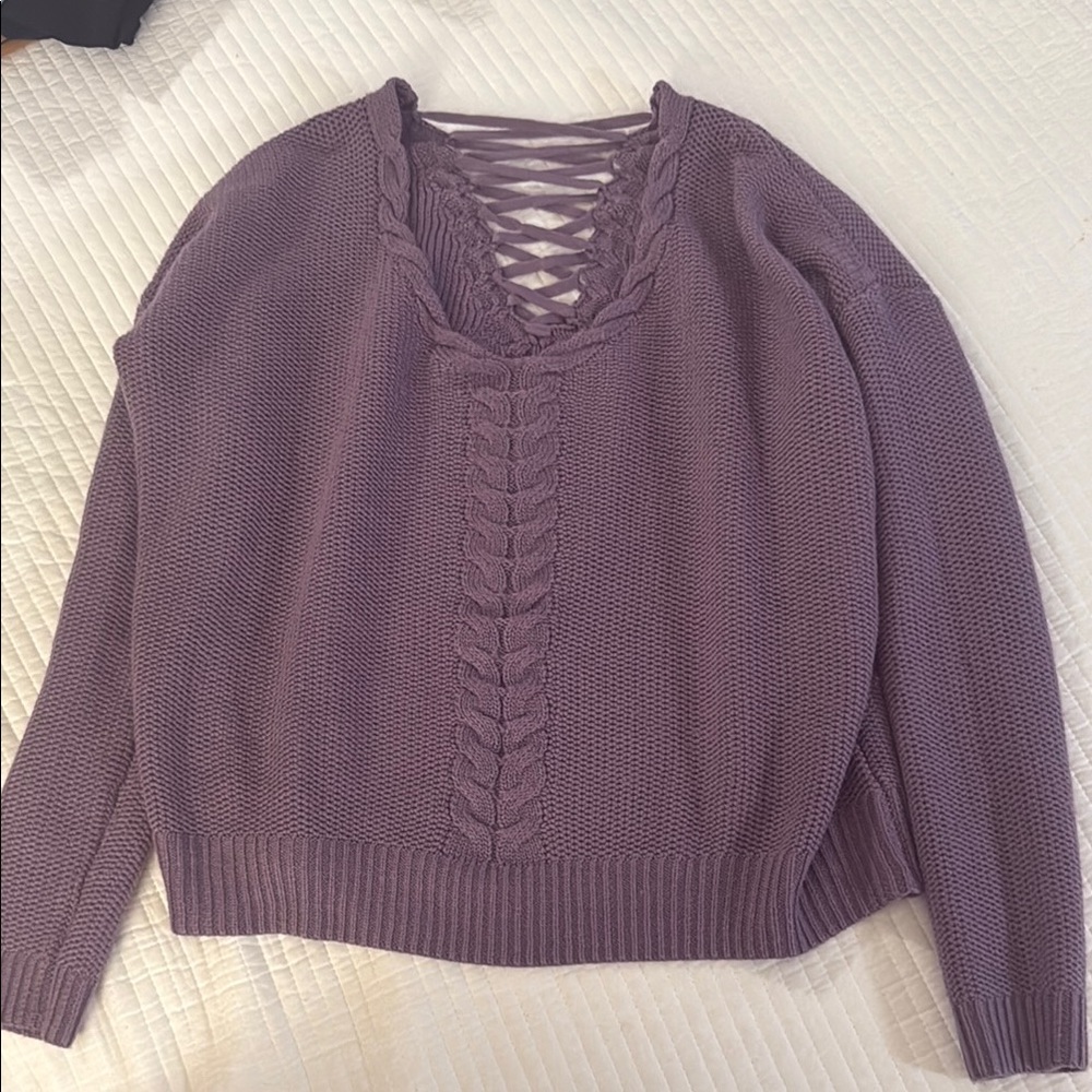 Purple Knit Sweater with Lace-Up Detail